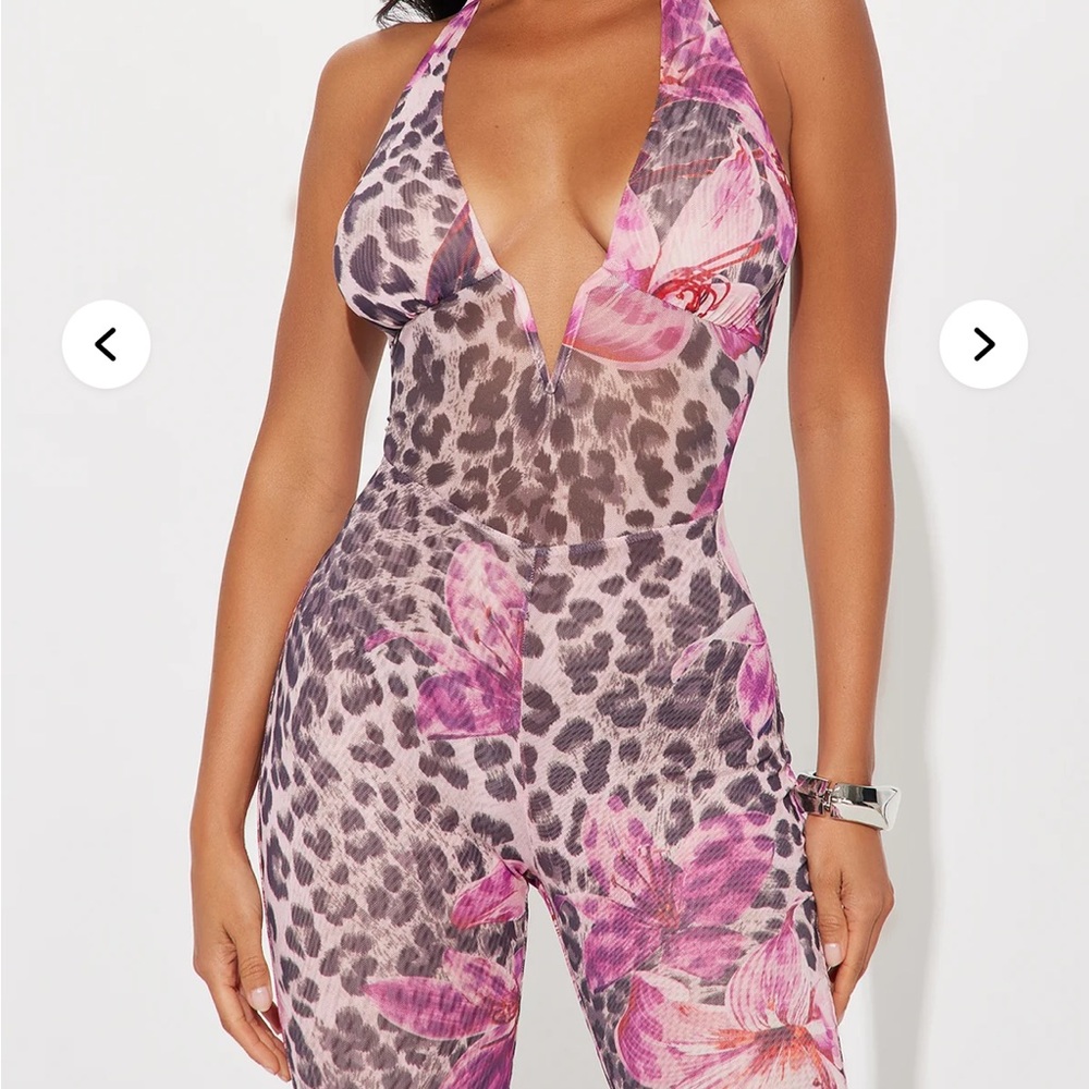 Fashio Nova She’s Iconic Leopard Print Halter Jumpsuit with Pink Floral Accents